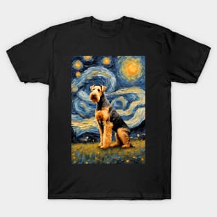 Adorable Airedale Terrier Dog Breed Painting in a Van Gogh Starry Night Art Style T-Shirt